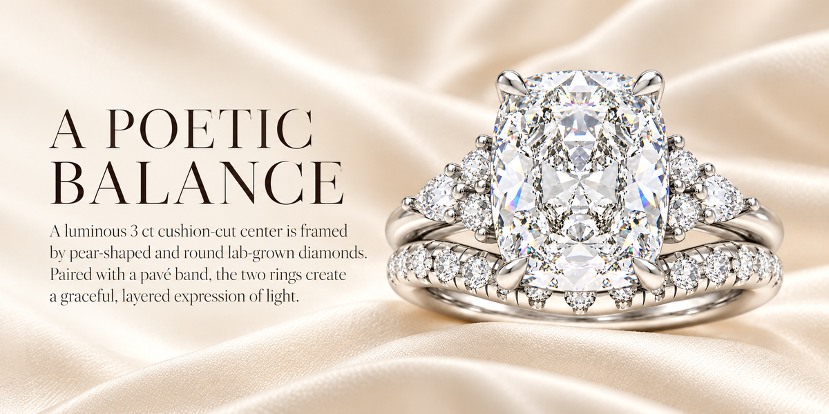ELVORIQUE 3 Ct Cushion Lab-Grown Diamond Bridal Ring Set in 14K White Gold