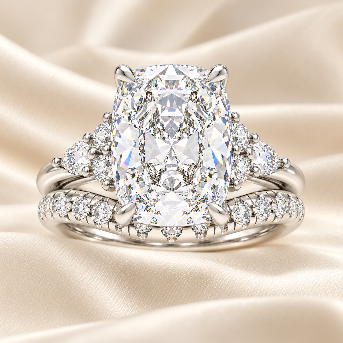 ELVORIQUE 3 Ct Cushion Lab-Grown Diamond Bridal Ring Set in 14K White Gold