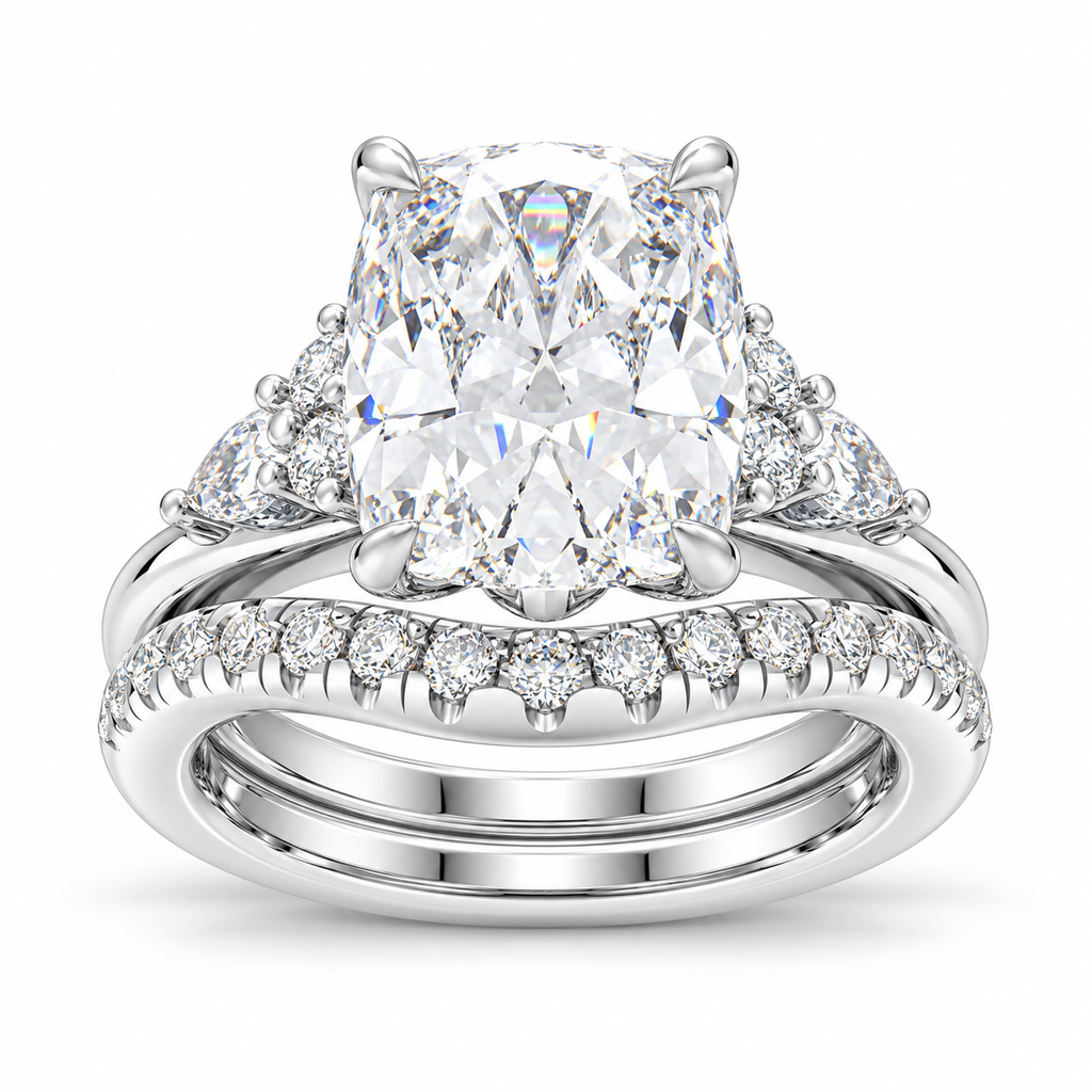 ELVORIQUE 3 Ct Cushion Lab-Grown Diamond Bridal Ring Set in 14K White Gold