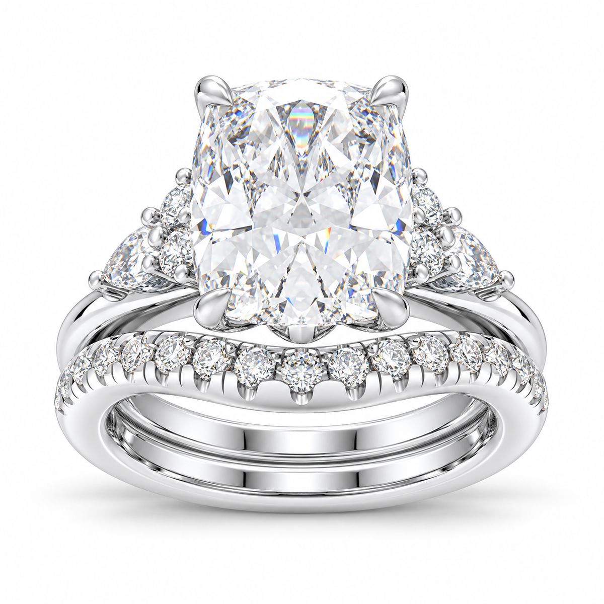 ELVORIQUE 3 Ct Cushion Lab-Grown Diamond Bridal Ring Set in 14K White Gold