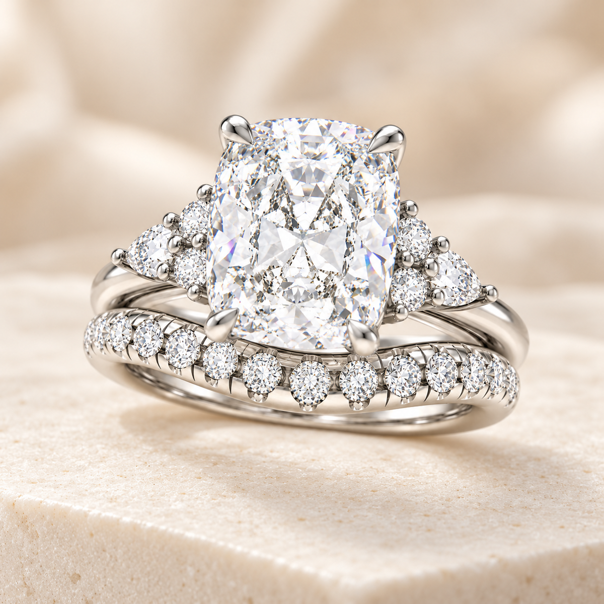 ELVORIQUE 3 Ct Cushion Lab-Grown Diamond Bridal Ring Set in 14K White Gold