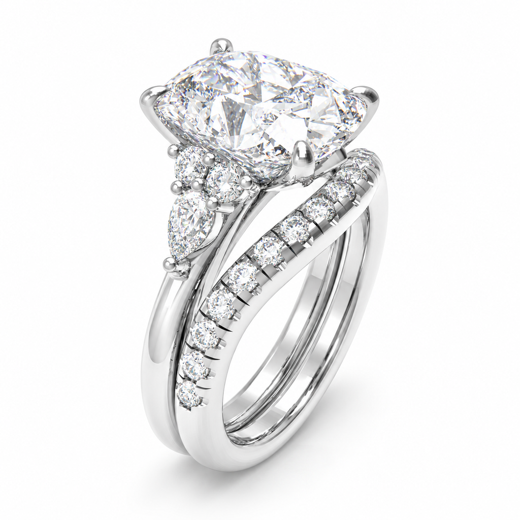 ELVORIQUE 3 Ct Cushion Lab-Grown Diamond Bridal Ring Set in 14K White Gold