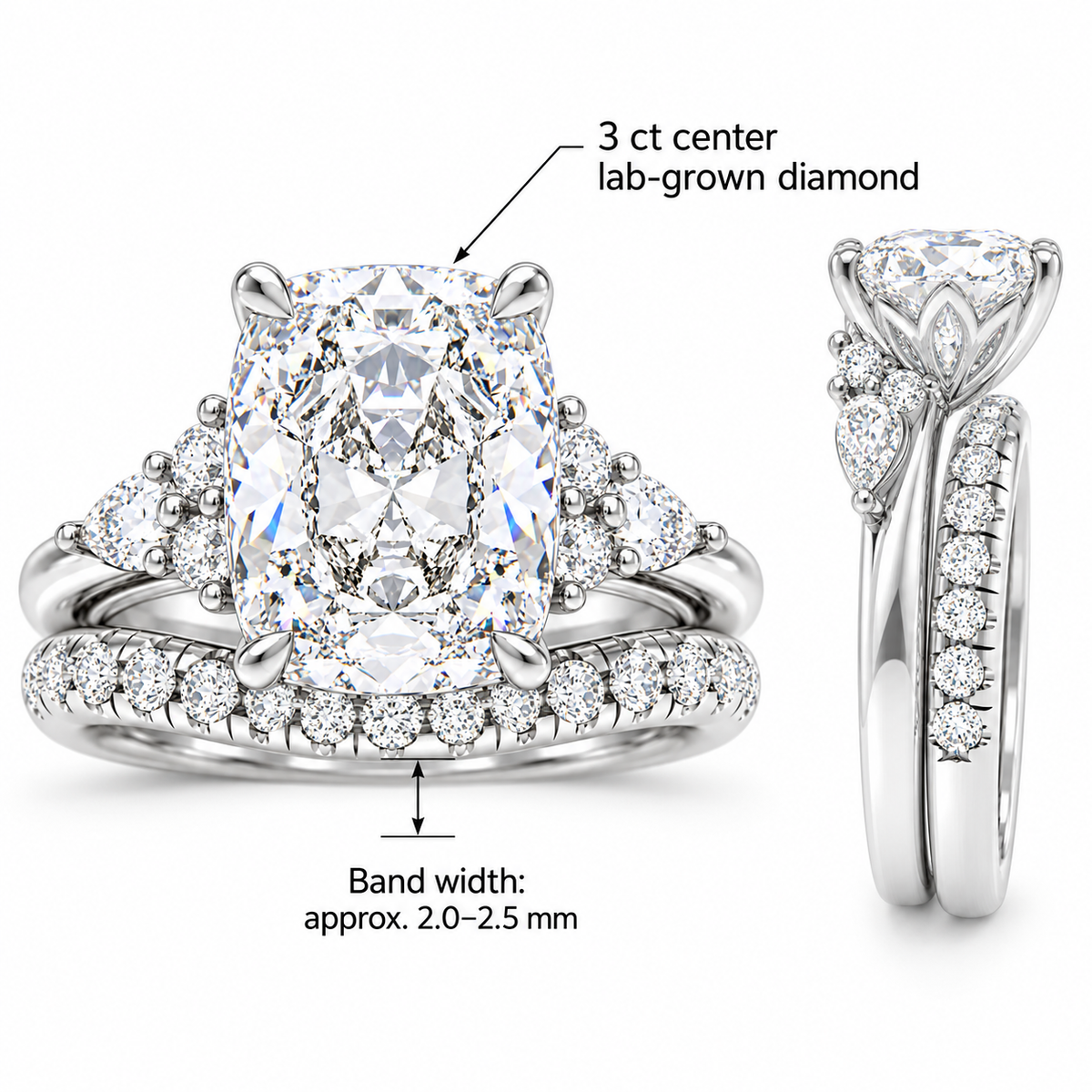 ELVORIQUE 3 Ct Cushion Lab-Grown Diamond Bridal Ring Set in 14K White Gold
