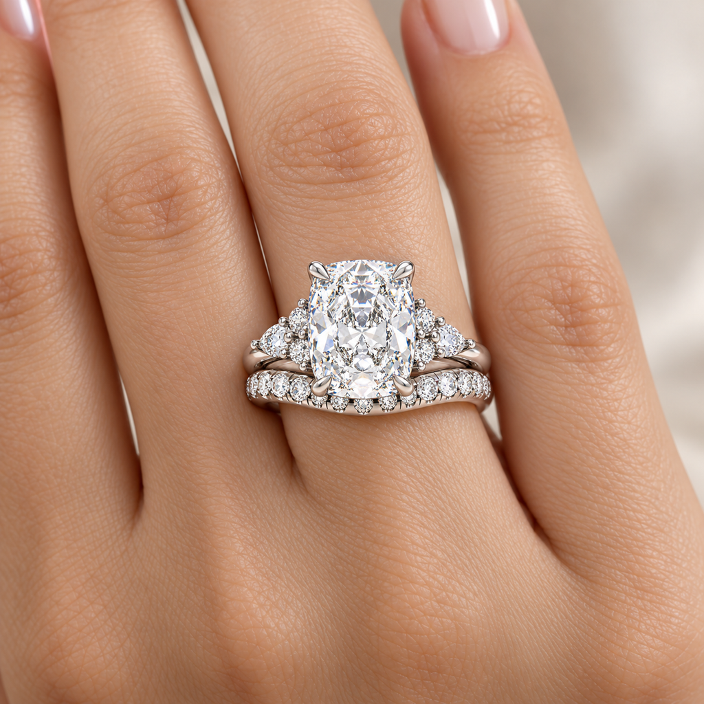 ELVORIQUE 3 Ct Cushion Lab-Grown Diamond Bridal Ring Set in 14K White Gold