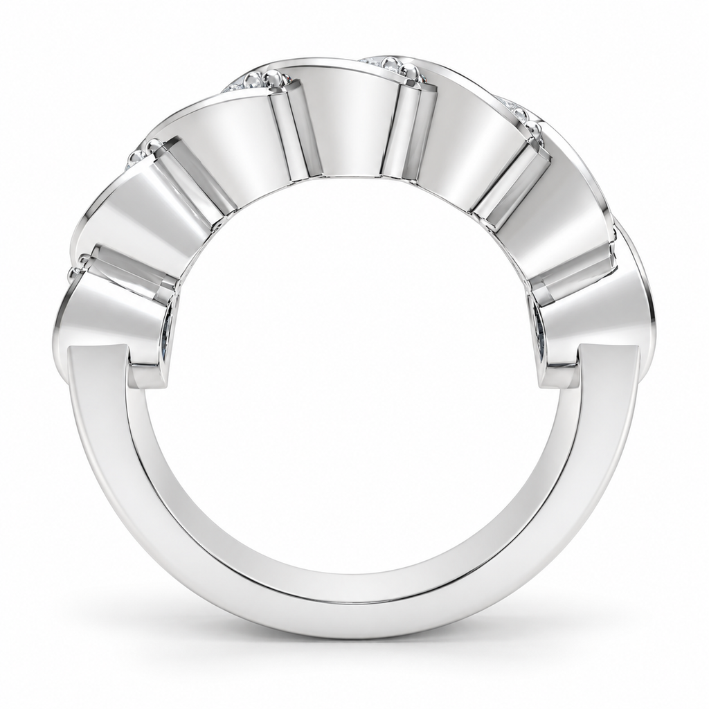 Side profile of the white-metal seven-stone diamond ring