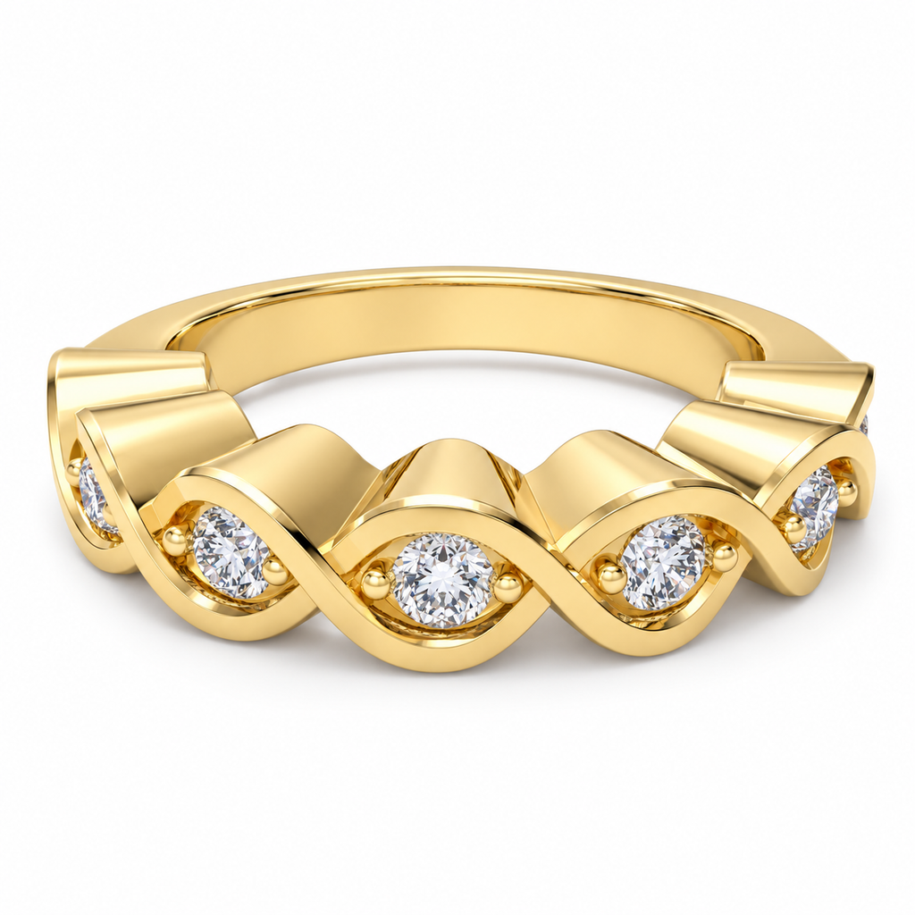 ELVORIQUE seven-stone wave band with 0.32 carat total weight of round brilliant lab-grown diamonds in polished yellow gold