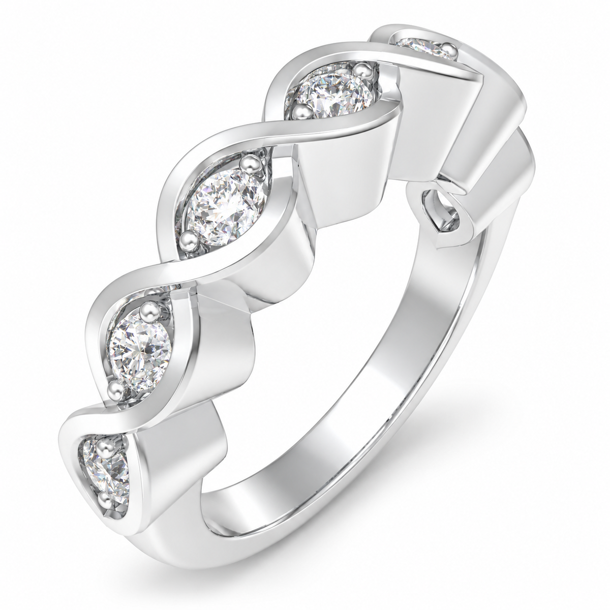 Angled view of a sculpted seven-stone lab-grown diamond band