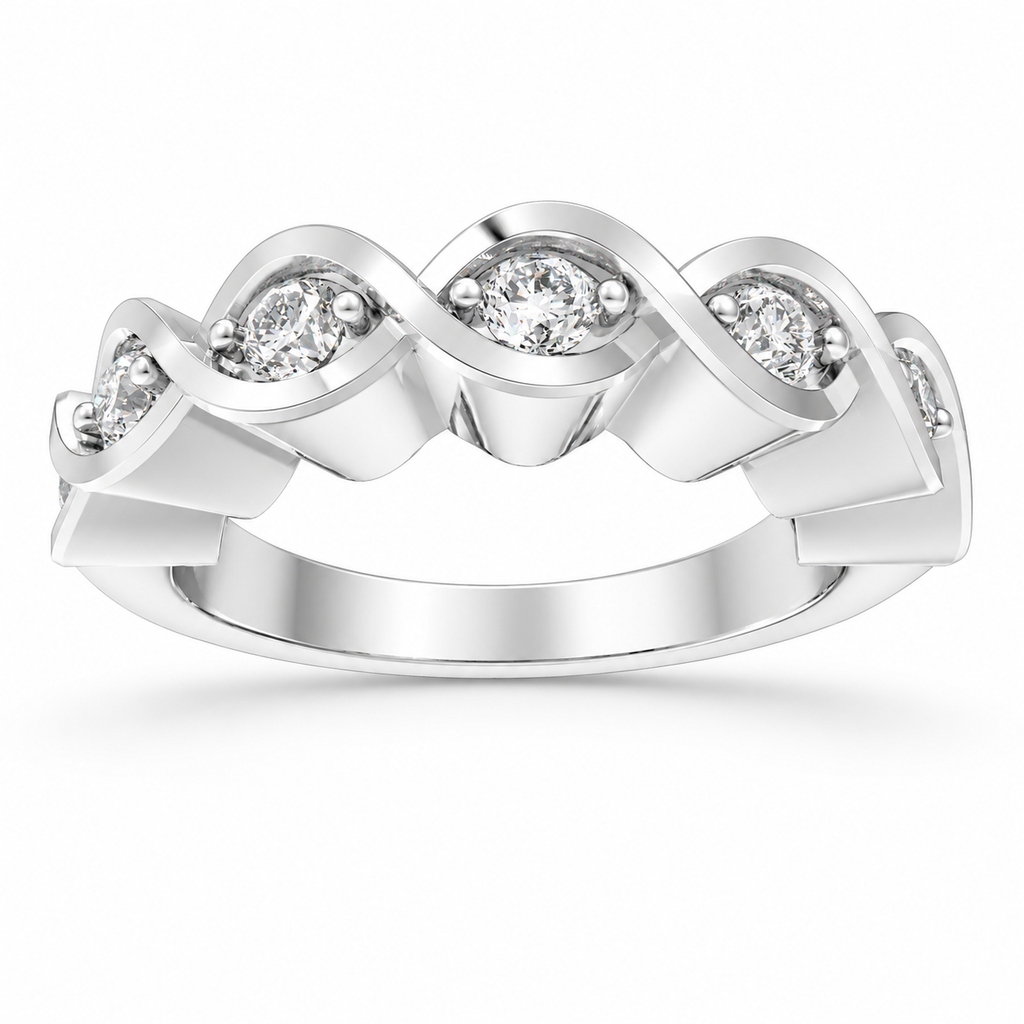 Angled view of a sculpted seven-stone lab-grown diamond band