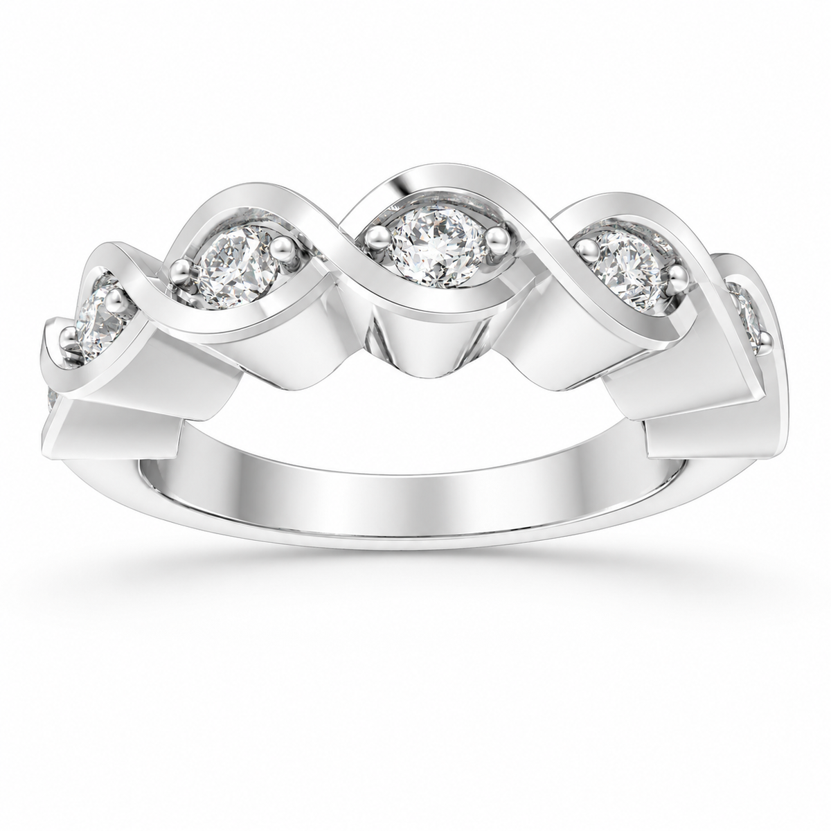 Angled view of a sculpted seven-stone lab-grown diamond band