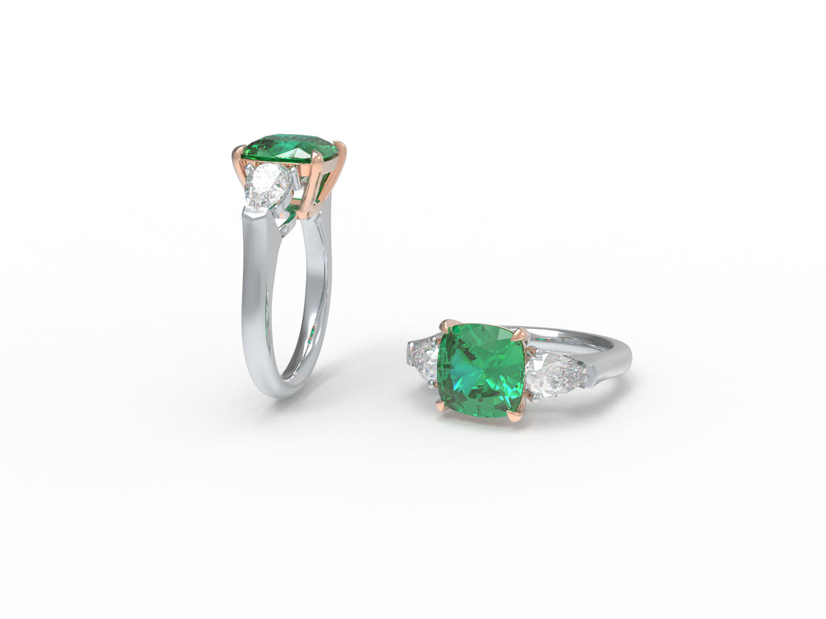 Handmade Lab-Grown Emerald Three-Stone Engagement Ring – 2.8CT/4CT