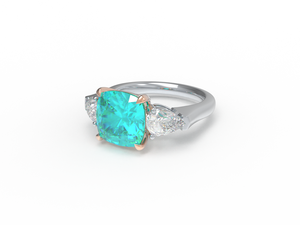 Handmade Three - Stone Ring with Lab - Grown Paraiba Diamond (2.8CT/4CT) & Lab - Grown Diamond Accents, 9K/14K/18K White Gold & Platinum Optional