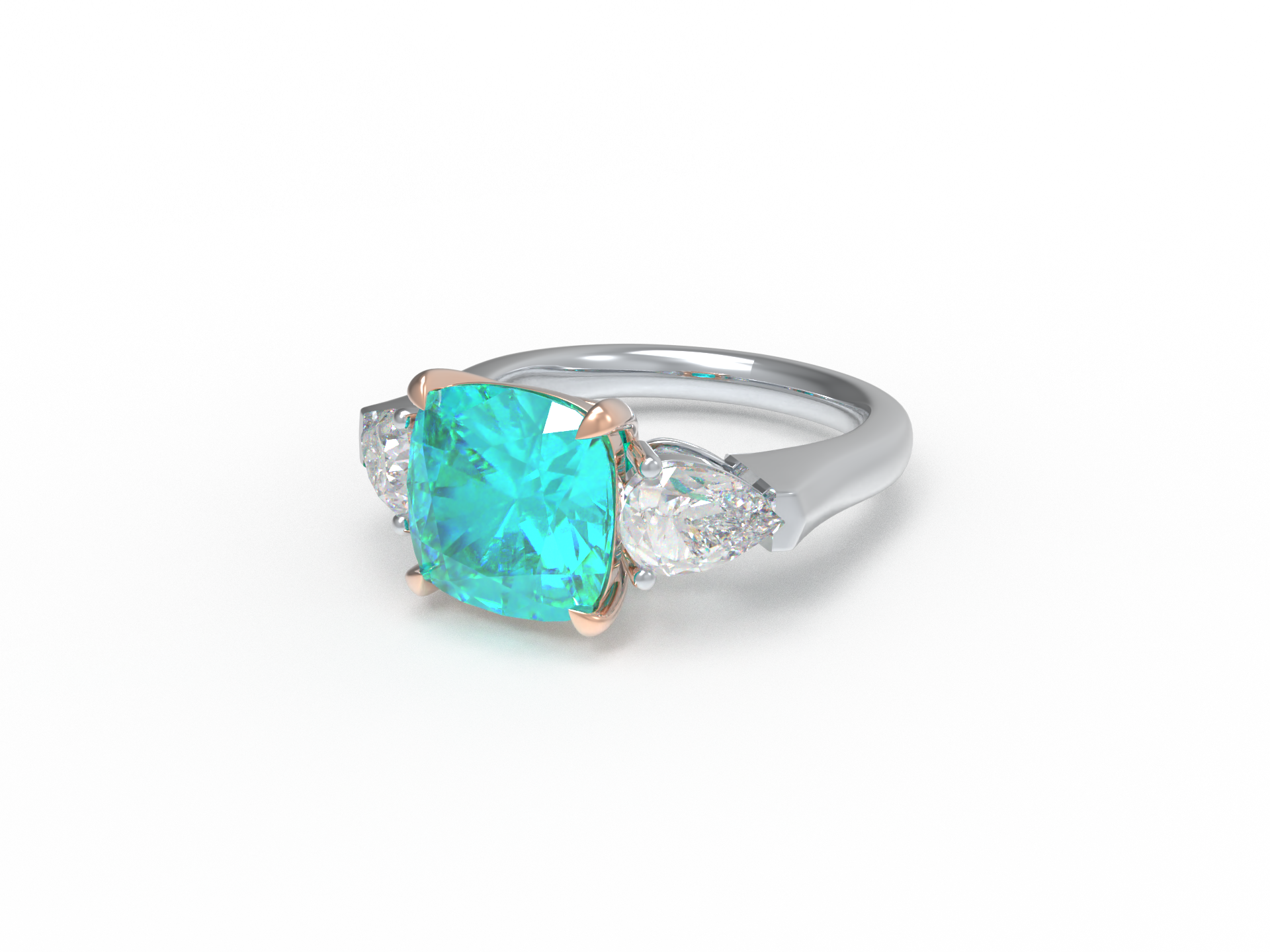 Handmade Three - Stone Ring with Lab - Grown Paraiba Diamond (2.8CT/4CT) & Lab - Grown Diamond Accents, 9K/14K/18K White Gold & Platinum Optional
