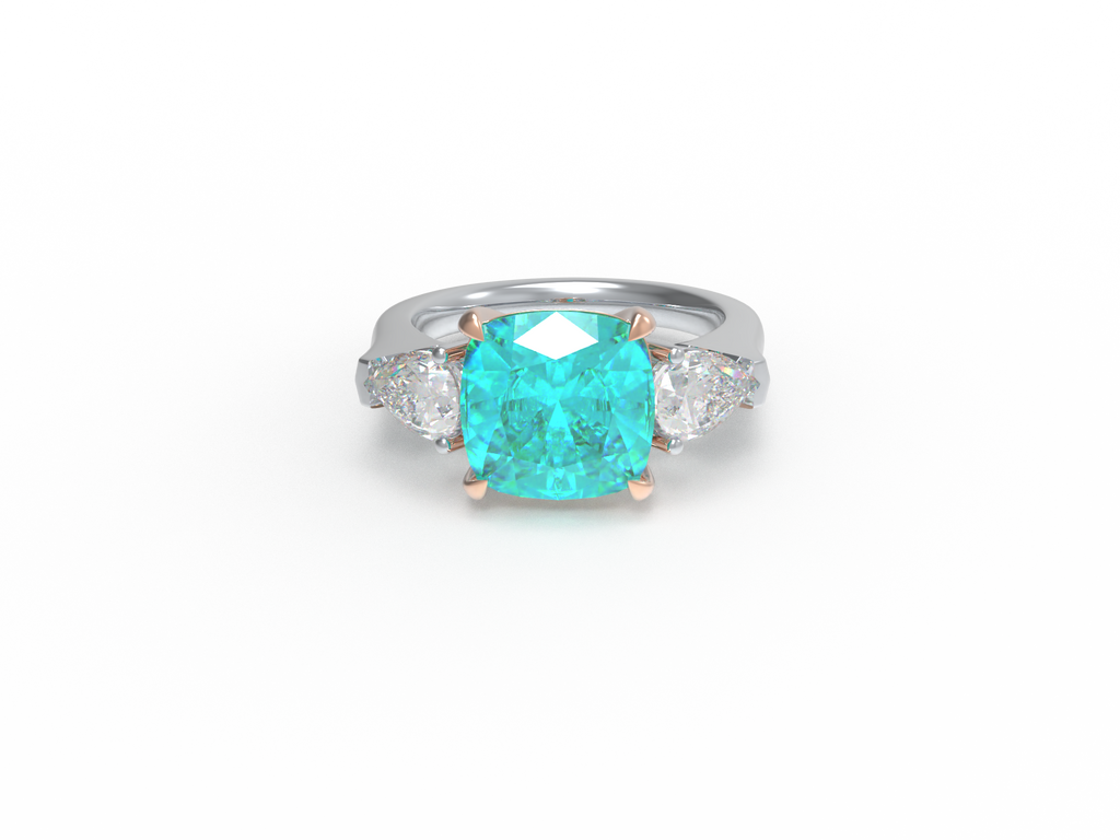 Handmade Three - Stone Ring with Lab - Grown Paraiba Diamond (2.8CT/4CT) & Lab - Grown Diamond Accents, 9K/14K/18K White Gold & Platinum Optional