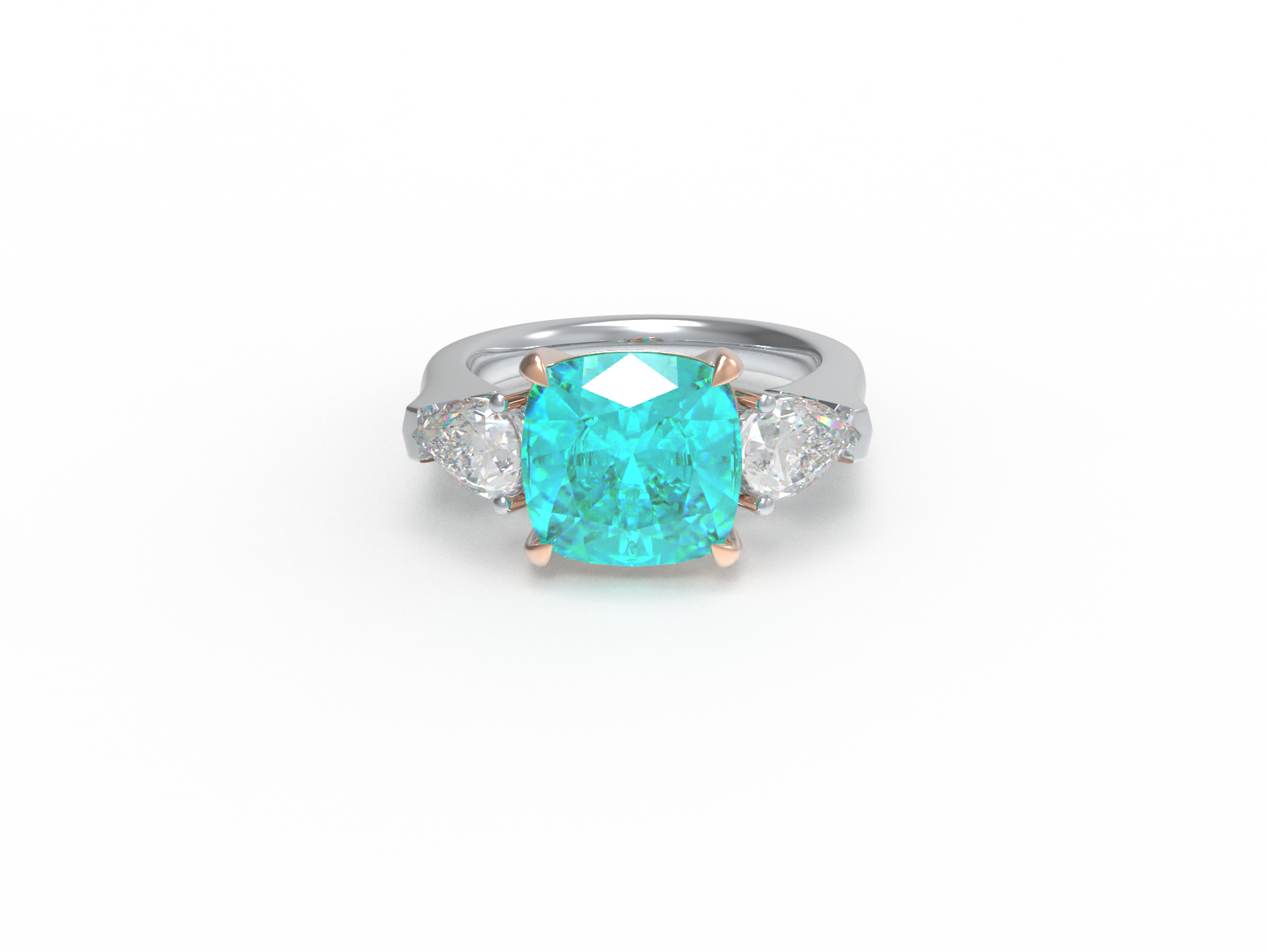 Handmade Three - Stone Ring with Lab - Grown Paraiba Diamond (2.8CT/4CT) & Lab - Grown Diamond Accents, 9K/14K/18K White Gold & Platinum Optional