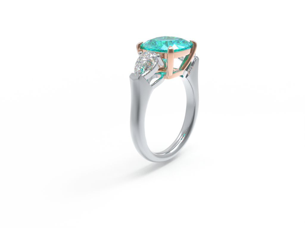 Handmade Three - Stone Ring with Lab - Grown Paraiba Diamond (2.8CT/4CT) & Lab - Grown Diamond Accents, 9K/14K/18K White Gold & Platinum Optional