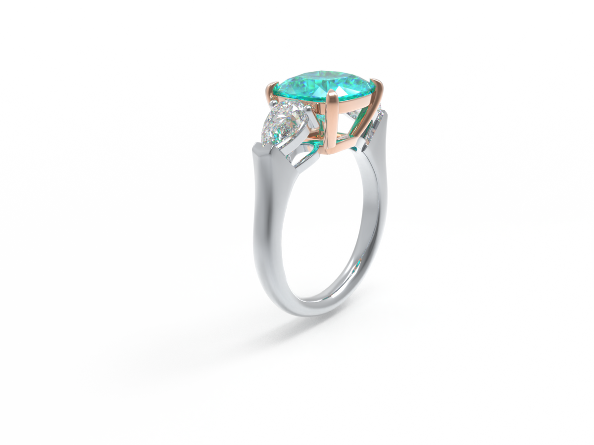 Handmade Three - Stone Ring with Lab - Grown Paraiba Diamond (2.8CT/4CT) & Lab - Grown Diamond Accents, 9K/14K/18K White Gold & Platinum Optional