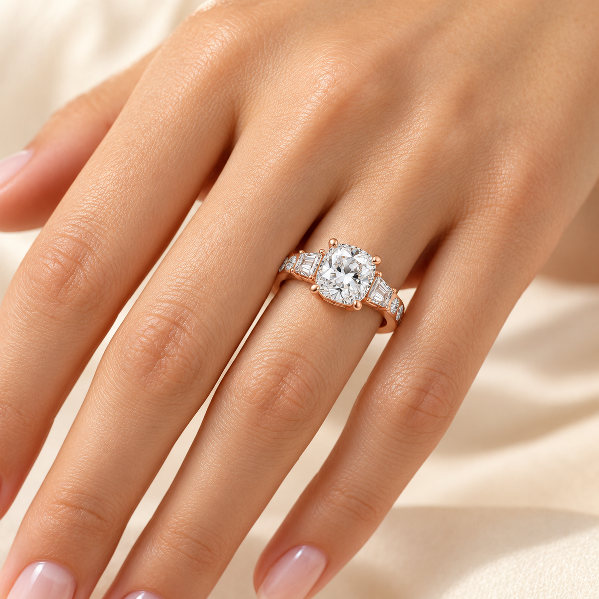 Eternal Radiance Cushion-Cut Lab-Grown Diamond Three-Stone Engagement Ring in Rose Gold | ELVORIQUE
