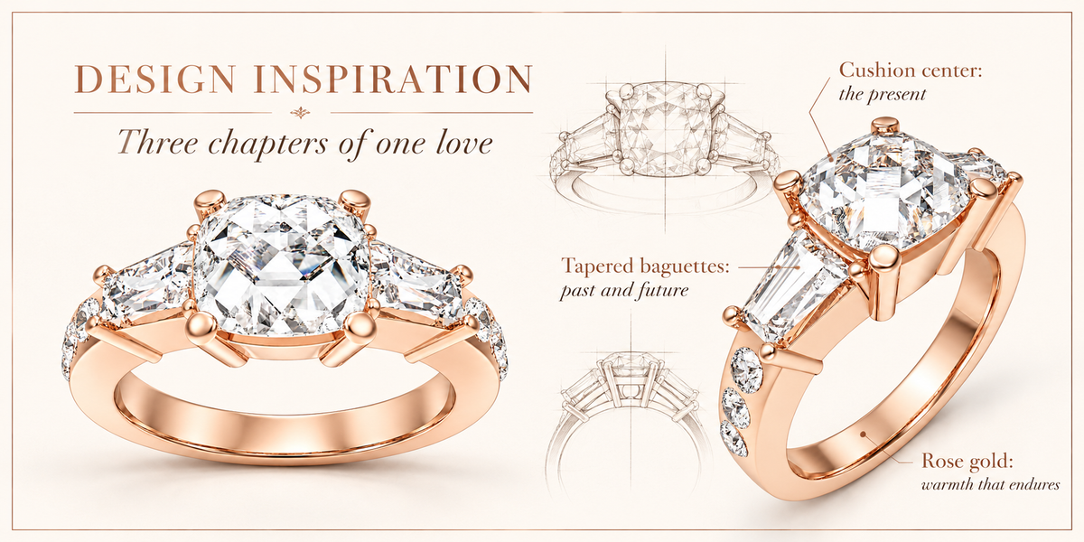 Eternal Radiance Cushion-Cut Lab-Grown Diamond Three-Stone Engagement Ring in Rose Gold | ELVORIQUE