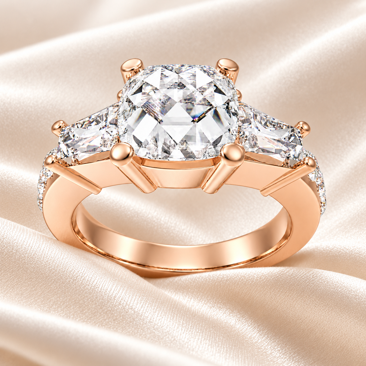 Eternal Radiance Cushion-Cut Lab-Grown Diamond Three-Stone Engagement Ring in Rose Gold | ELVORIQUE