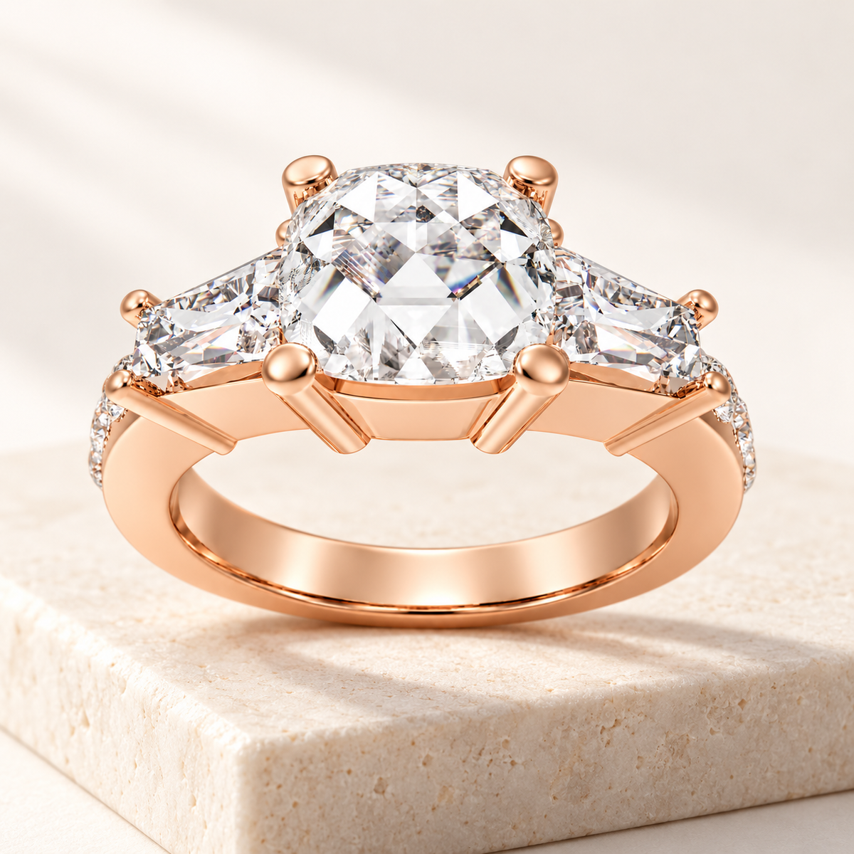 Eternal Radiance Cushion-Cut Lab-Grown Diamond Three-Stone Engagement Ring in Rose Gold | ELVORIQUE