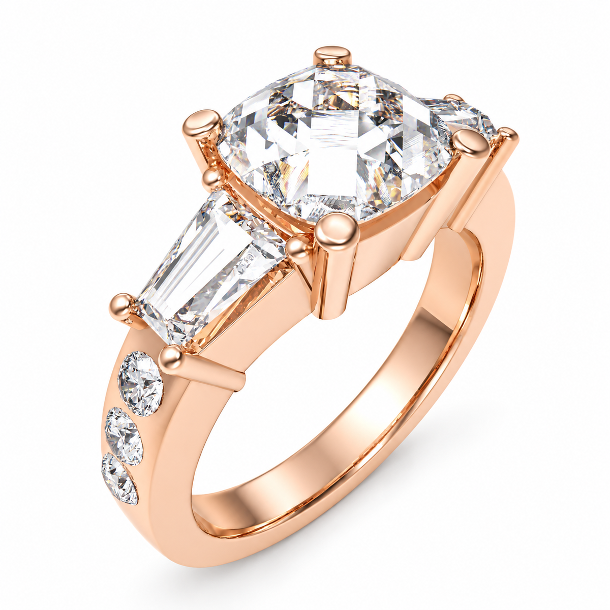 Eternal Radiance Cushion-Cut Lab-Grown Diamond Three-Stone Engagement Ring in Rose Gold | ELVORIQUE