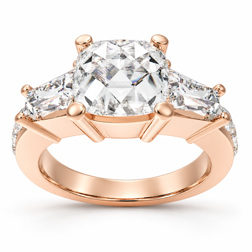 Eternal Radiance Cushion-Cut Lab-Grown Diamond Three-Stone Engagement Ring in Rose Gold | ELVORIQUE