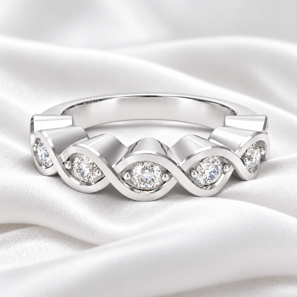 Interior view of the polished seven-stone wave diamond band