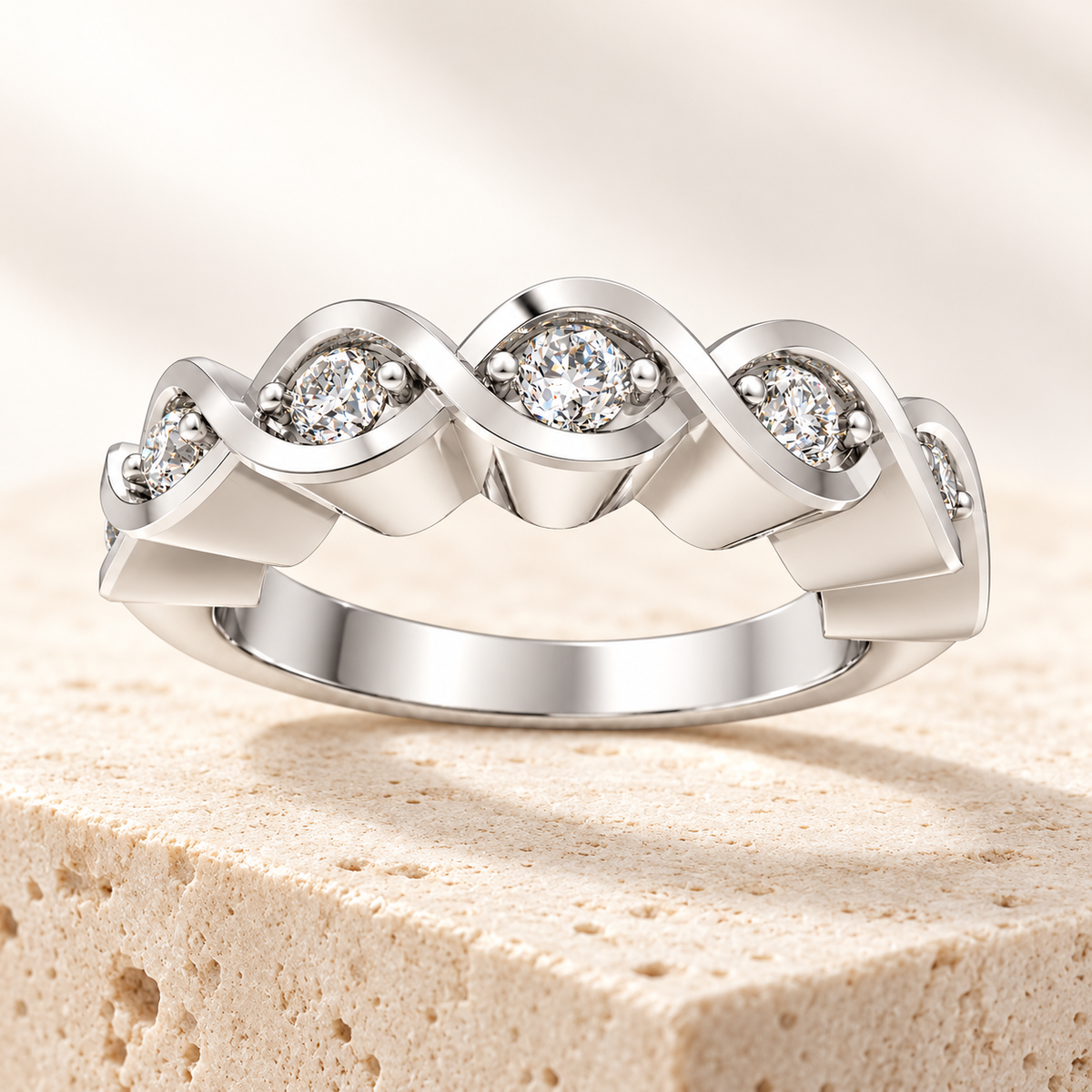 Interior view of the polished seven-stone wave diamond band