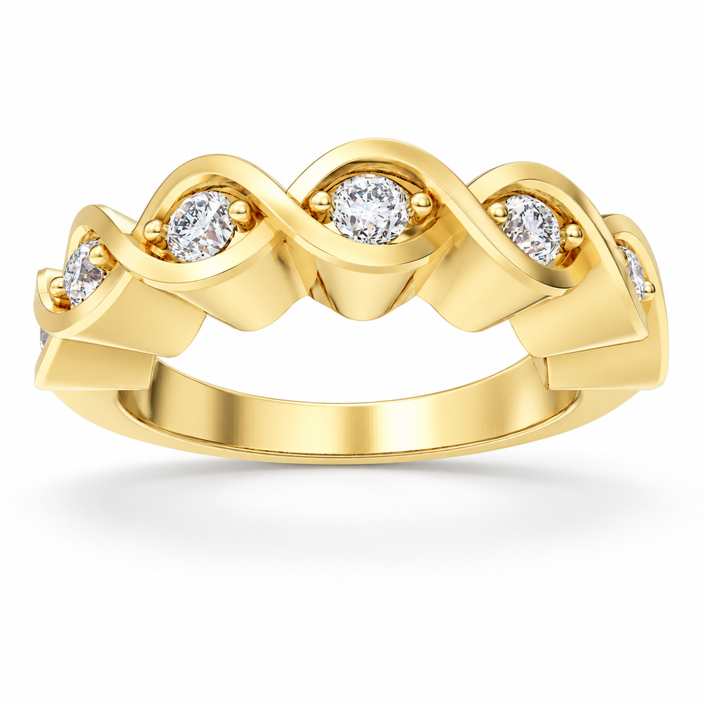 ELVORIQUE seven-stone wave band with 0.32 carat total weight of round brilliant lab-grown diamonds in polished yellow gold
