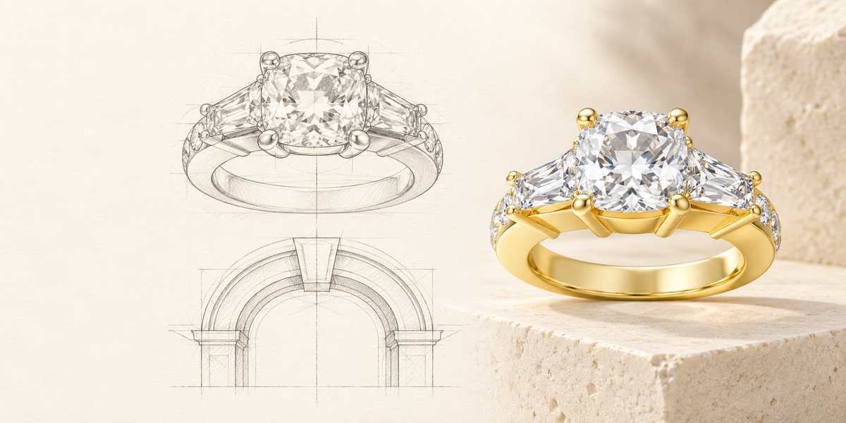 Eternal Radiance Cushion-Cut Lab-Grown Diamond Three-Stone Engagement Ring in Yellow Gold | ELVORIQUE