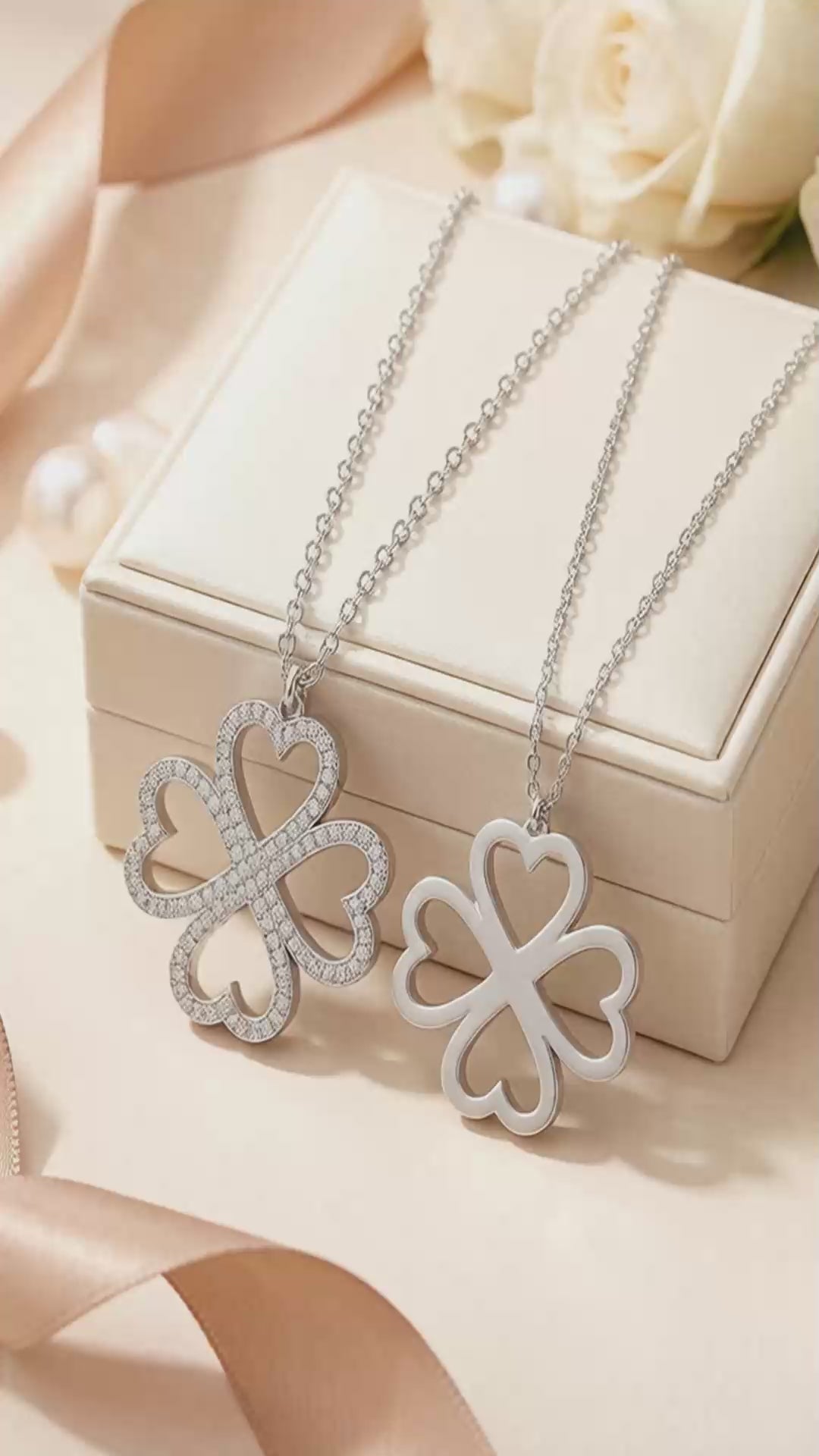 Four Hearts Clover White Gold Diamond Pendant Necklace