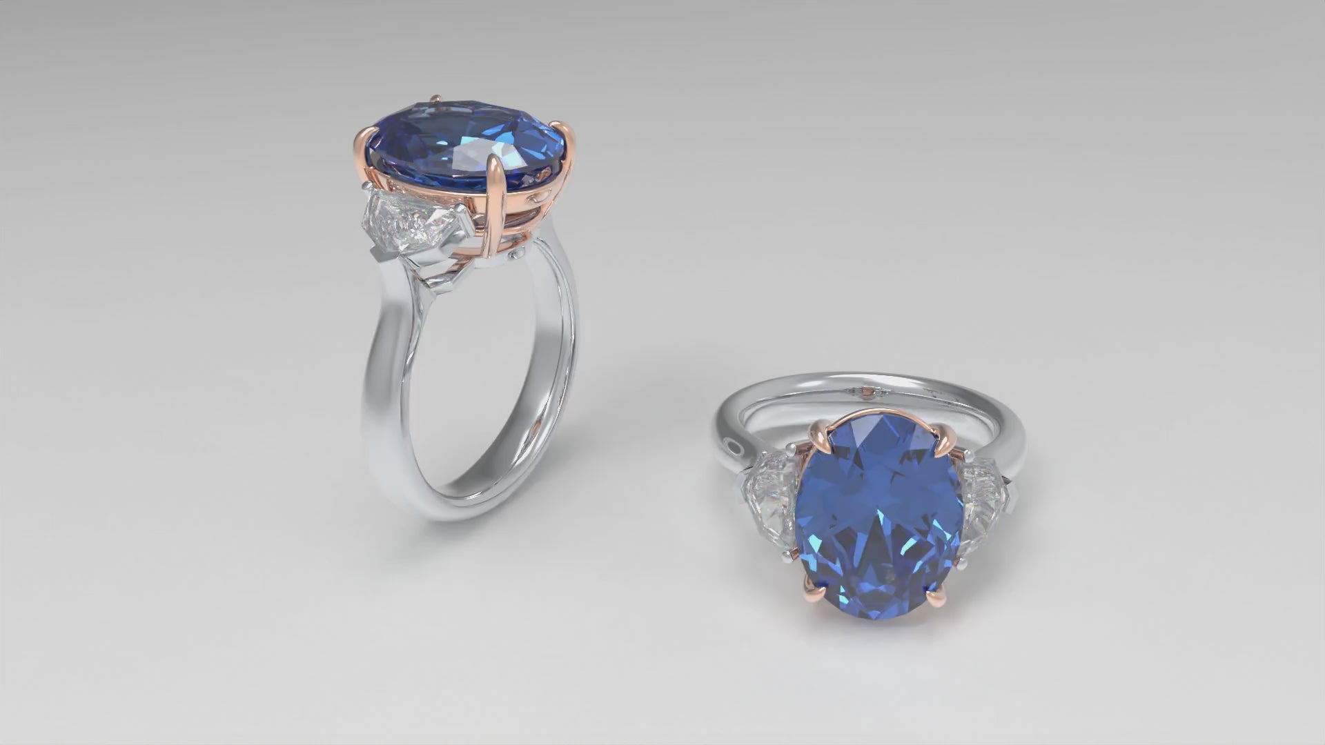 Oval Lab-Grown Blue Diamond Three-Stone Engagement Ring in White Gold