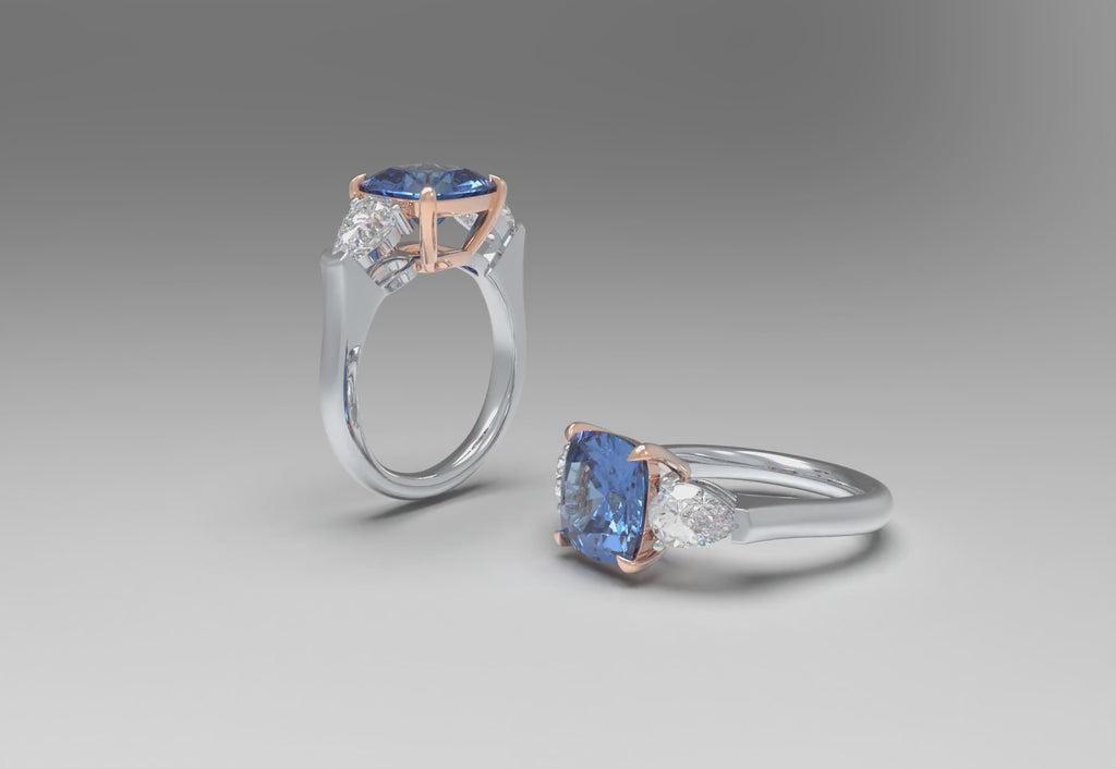 Handmade Lab-Grown Sapphire Three-Stone Engagement Ring – 2.8CT/4CT