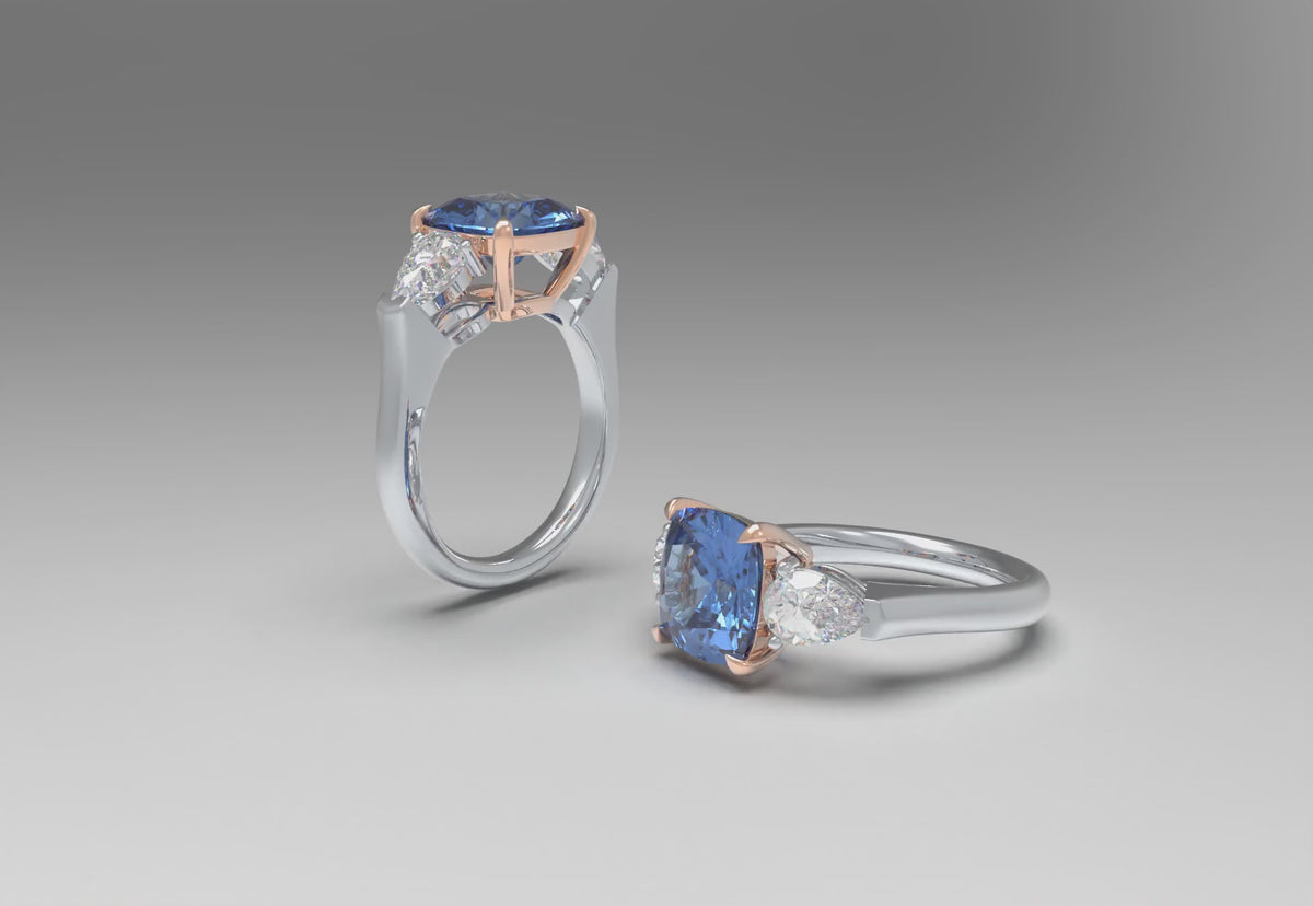 Handmade Lab-Grown Sapphire Three-Stone Engagement Ring – 2.8CT/4CT