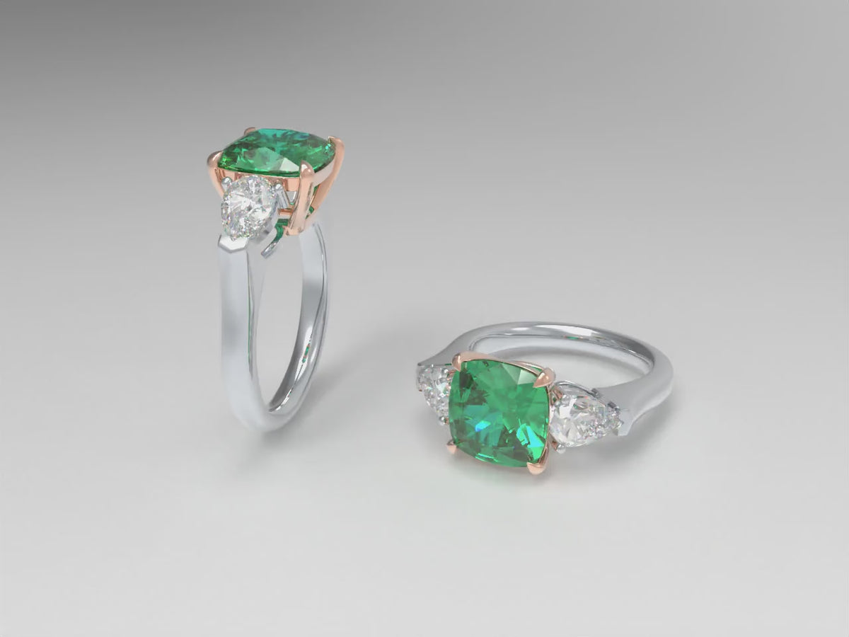Handmade Lab-Grown Emerald Three-Stone Engagement Ring – 2.8CT/4CT